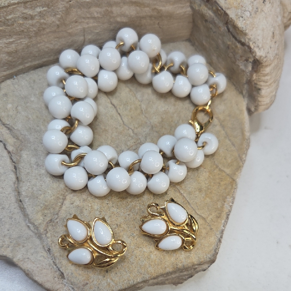 Trifari White and Gold  Earrings Jewelry Set